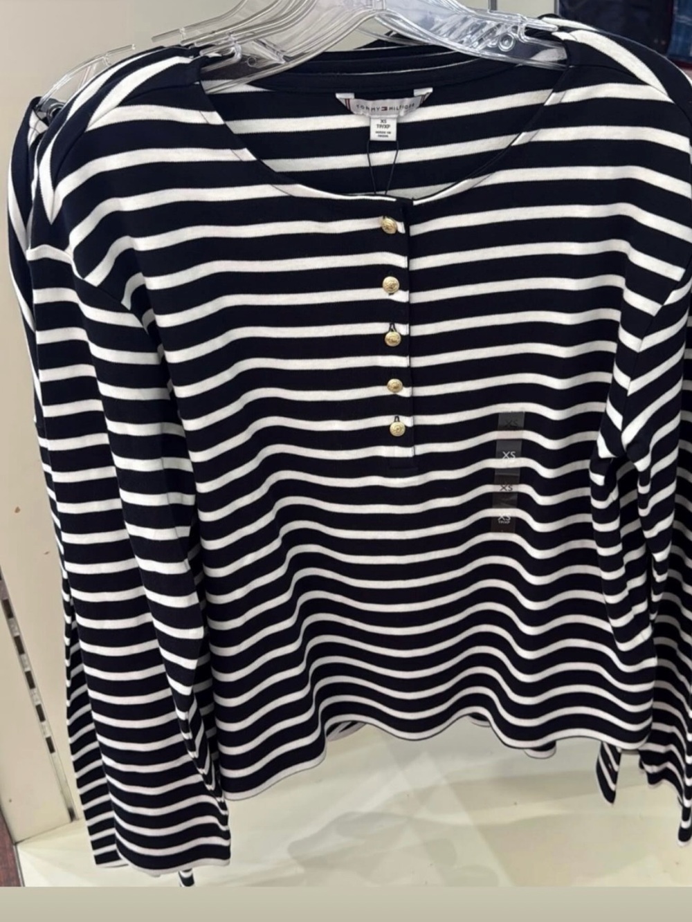 Tommy Hilfiger Black & White Striped Long-Sleeve Top with Gold Buttons